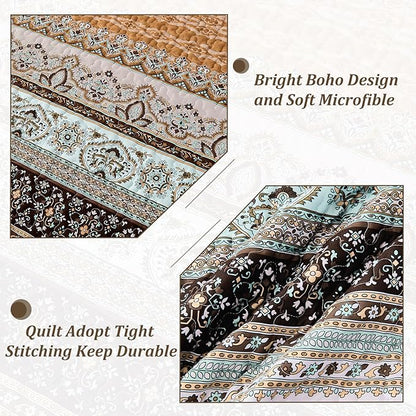 WONGS BEDDING Boho Fall Quilt Set California King, Brown Bohemian Striped Pattern Printed Quilt Coverlet, Lightweight Microfiber Bed Decor Bedspread for All Season 106"x96"(3 Pieces, Cal King)