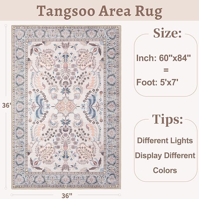 Tangsoo 5x7 Washable Area Rug, Non Slip Boho Floral Rug for Living Room Bedroom, Vintage Neutral Soft Low Pile Floor Indoor Carpet for Bathroom Office Laundry Kid & Pets Friendly Home Decor