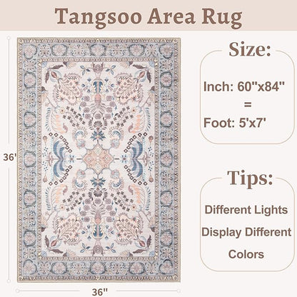 Tangsoo 5x7 Washable Area Rug, Non Slip Boho Floral Rug for Living Room Bedroom, Vintage Neutral Soft Low Pile Floor Indoor Carpet for Bathroom Office Laundry Kid & Pets Friendly Home Decor