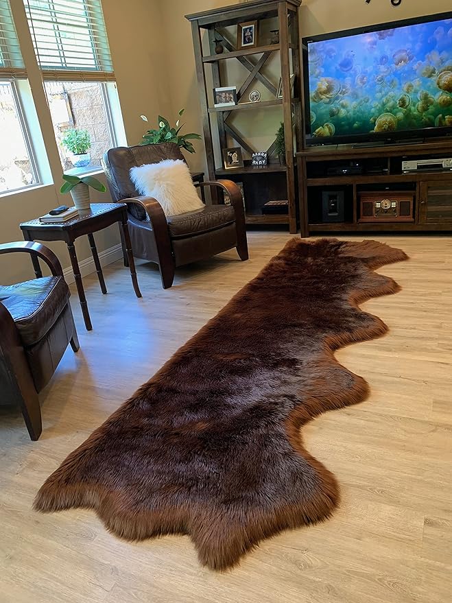 LAMBZY Faux Sheepskin Super Soft Hypoallergenic Silky Shag Rug for Living Room, Kids Room, Sofa (5 Pelts Side by Side 3'x10', Brown)