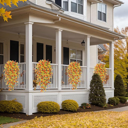 Fake Mums Artificial Hanging Flowers for Outdoor Fall Decoration, 2 PCS Silk Daisy Flower Realistic Faux Plants UV Resistant for Porch Patio Window Yard Outside Autumn Decor(Yellow Orange)