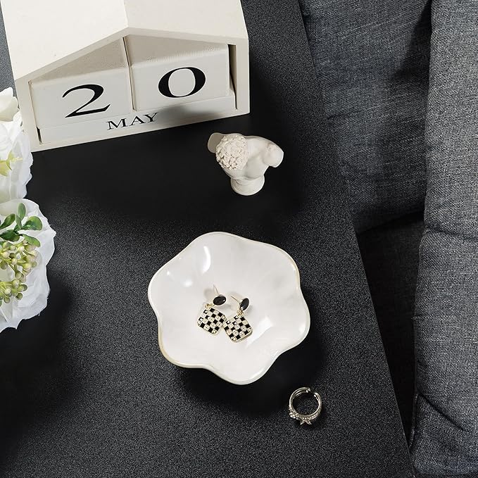 Ceramic Ring Dish, Jewelry Dish Holder, Small Trinket Tray Plate for Earrings Rings Necklaces Keys, for Mom Friend Sister (White Surface)