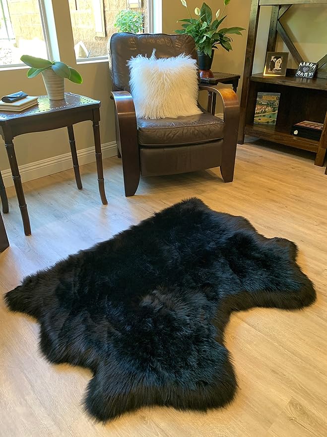 LAMBZY Faux Sheepskin Super Soft Hypoallergenic Silky Shag Rug for Living Room, Kids Room, Sofa (Double Side by Side 3'x4, Black)
