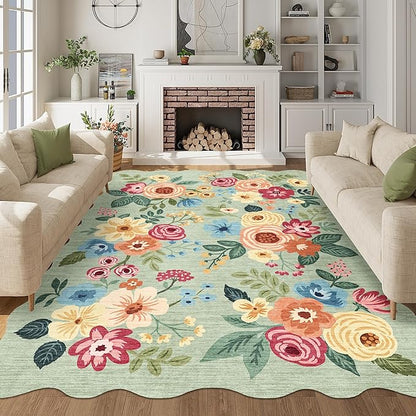 DUKINO 8x10 Area Rug, Floral Washable Rugs for Living Room with Non Slip Backing & Non-Shedding, Lightwight Low Pile Boho Design Large Carpets for Bedroom, Living Room, Dining Room, Green