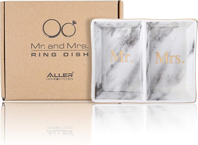 Aller Home & Kitchen Mr. & Mrs. Ring Dish - Marble Design Trinket Dish, Couples Ring Holder Dish - His and Hers Two Section Jewelry Dish Tray, Great for Wedding and Engagement Gifts