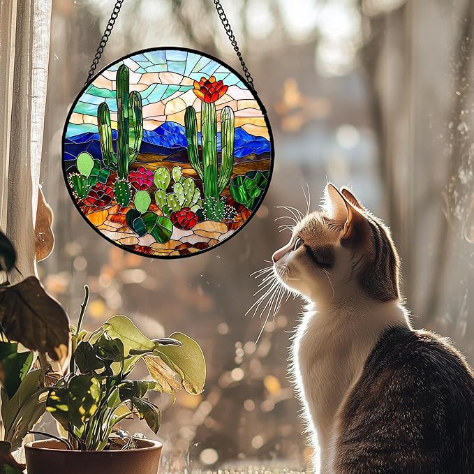 DASTOLL Stained Glass Window Hanging, Green Cactus Suncatcher for Doors Window Home Plant Landscape Sun Catchers Decoration Mother's Day Birthday Gifts for Women, Men, and Mom 9.8 in