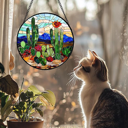 DASTOLL Stained Glass Window Hanging, Green Cactus Suncatcher for Doors Window Home Plant Landscape Sun Catchers Decoration Mother's Day Birthday Gifts for Women, Men, and Mom 6.3 in