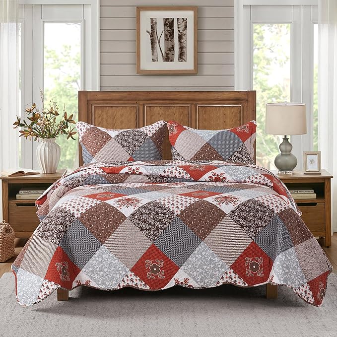 HoneiLife Quilt Set Queen Size - 3 Piece Microfiber Bedspread Reversible Coverlet Patchwork Bedding Set Lightweight Bedcover Floral Bedspreads All Season Quilts-Amaranth Red