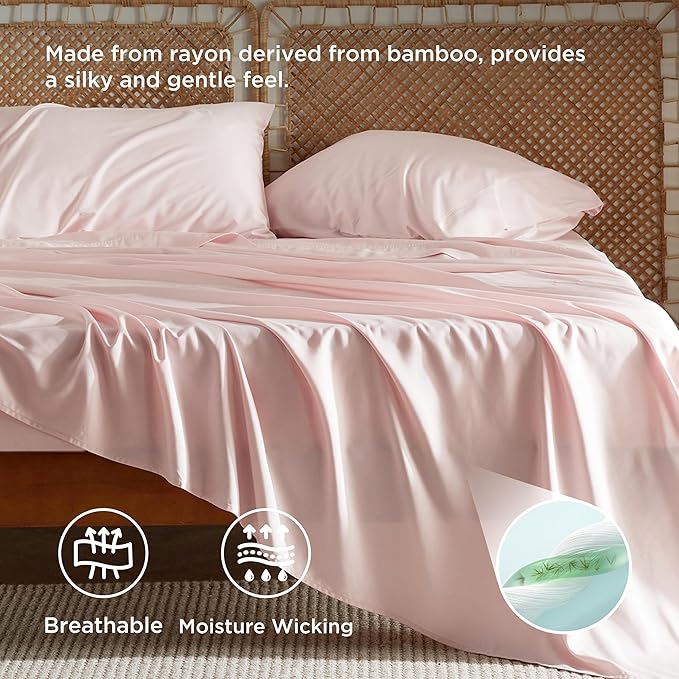 Bedsure California King Sheet Sets, Cooling Sheets for Hot Sleepers, Rayon Derived from Bamboo, Breathable & Soft, Deep Pocket Up to 16 Inches, Hotel Luxury Silky Bedding, Pink
