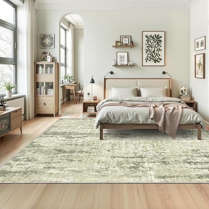 Valenrug Washable Rug 9x12 - Stain Resistant 9x12 Area Rugs for Living Room, Non Slip Backing Printed Rugs for Bedroom, Folable Machine Washable Area Rug(Green,9'x12')