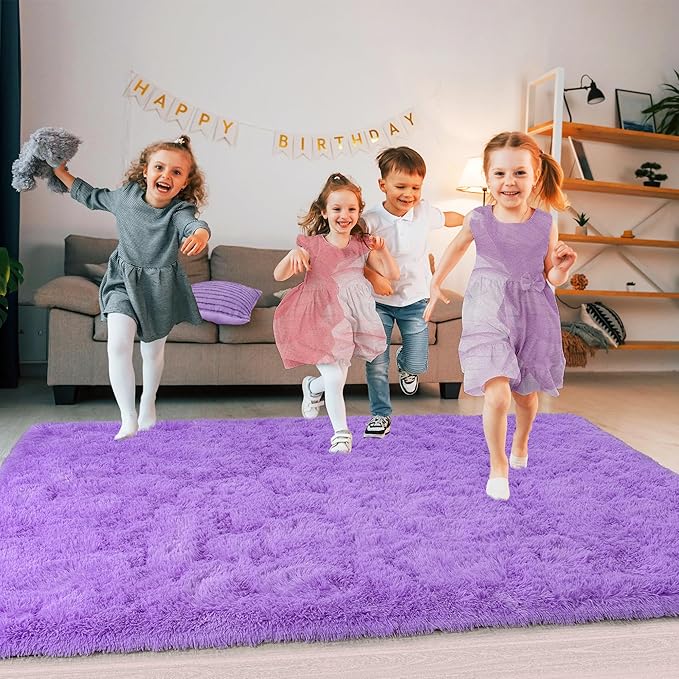 Super Fluffy Rug for Bedroom, 4x6 Shag Fuzzy Area Rug for Living Room Bedroom, Plush Soft Carpet for Girls Boys Kids, Non Slip Throw Rugs for Dorm, Modern Home Decor Aesthetic, Purple