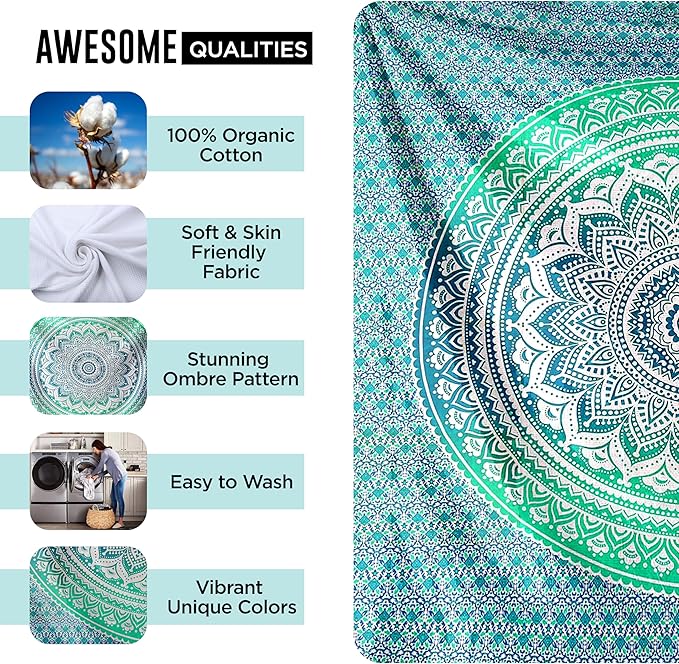 raajsee Large Green Ombre Mandala Tapestry Wall Hanging,Indian Cotton Beach Throw Blanket Hippie Queen Boho Décor,Meditation Yoga Mat Rugs,82x92 Inches