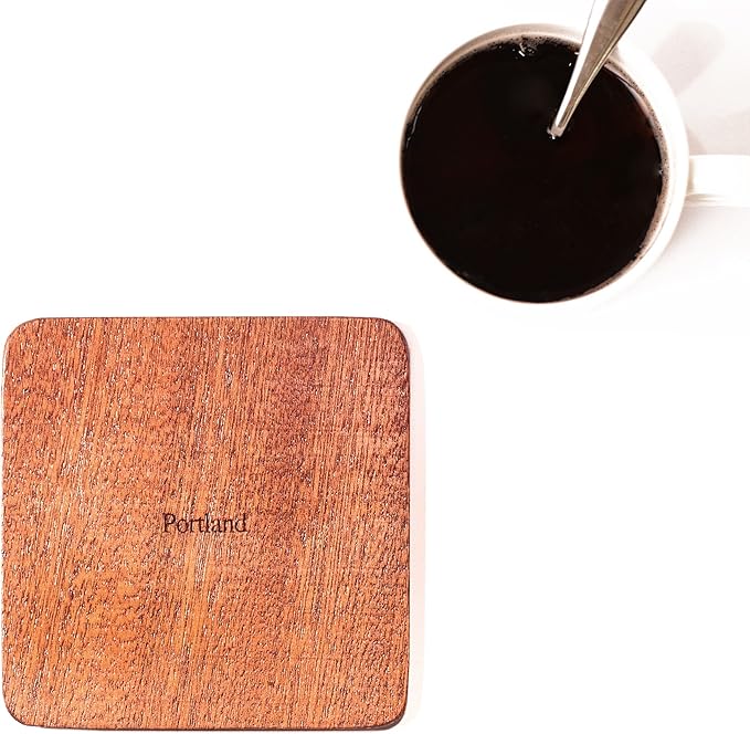 Portland Map Coaster by O3 Design Studio, Set Of 4, Sapele Wooden Coaster With City Map, Handmade