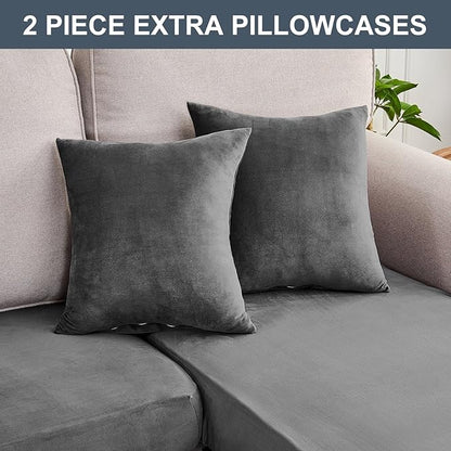 Couch Cover 6-Piece Elastic Velvet Couch Cushion Covers & Chaise Slipcovers for L-Shaped Sofas - Sofa Seat Covers Washable, Soft Protector for Couches (5 Seater + Chaise, Grey)