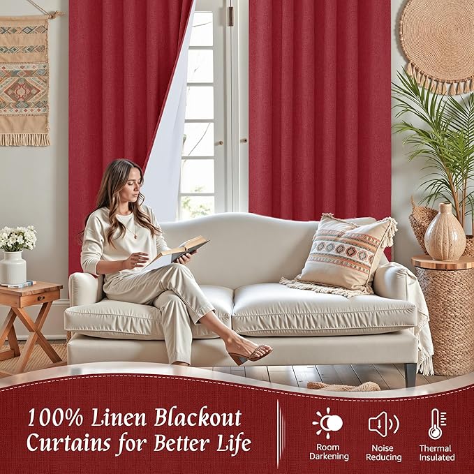 LAMIT Full Blackout Window Curtains for Baby Bedroom, 54 Inches Thermal Christmas Decor Panels Back Tab and Rod Pocket Privacy Protected Drapes with White Liner, 2 Panels, 52 x 54 Inch, Red