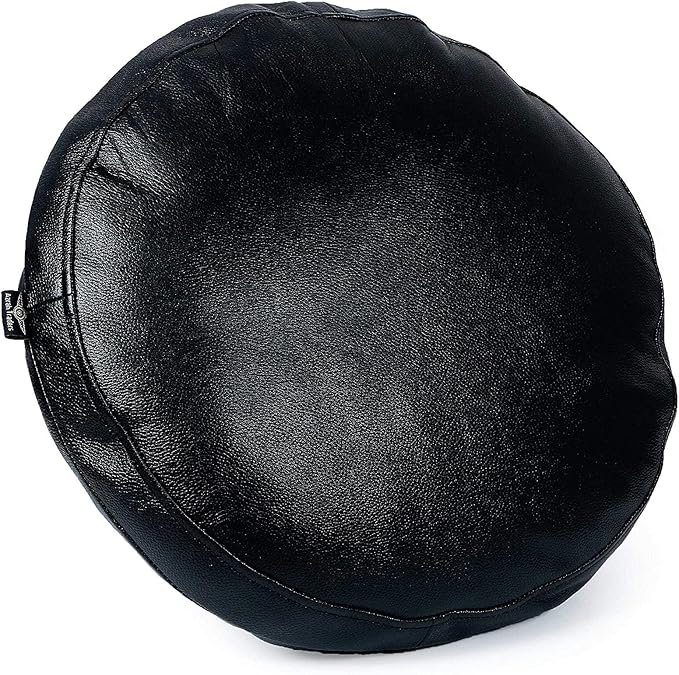 Lambskin Round Leather Pillow Cover - Sofa Cushion Case - Decorative Circular Cushion Throw Covers for Living Room & Bedroom, Black Grain - Diameter 14 Inch