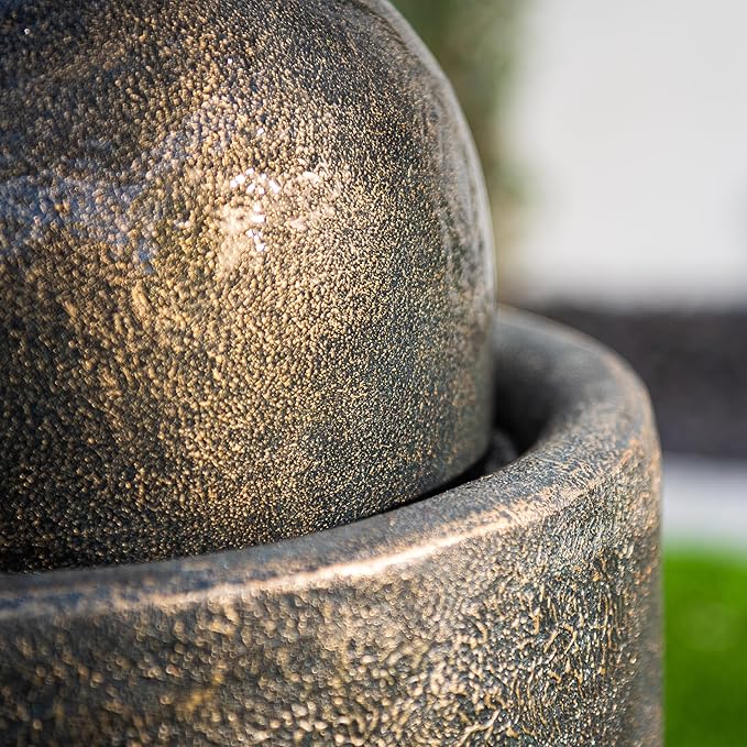 XBrand 25.98" H Brown Round Stone Indoor/Outdoor Modern Sphere Water Fountain w/LED Lights – Ball Bubbling Fountain Décor for Garden, Patio, or Tabletop