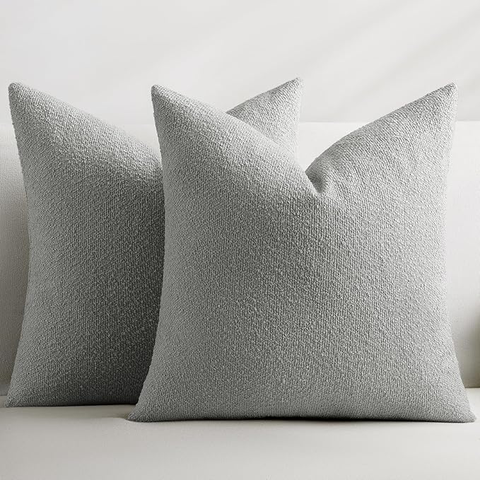 Throw Pillow Covers 20 x 20 Inch Set of 2, Accent Soft Boucle Textured Pillow Cover, Decorative Solid Color Cozy Cushion Pillow Case for Couch Bedroom Sofa Living Room Home Decor, Light Gray