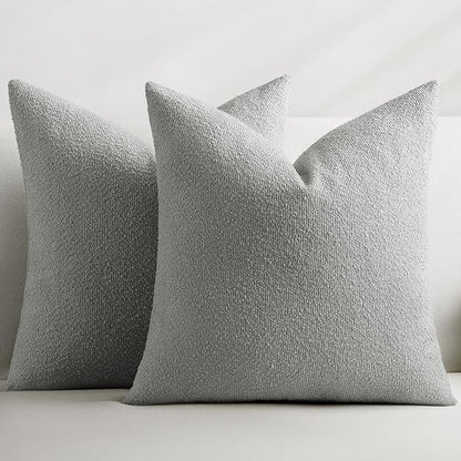Throw Pillow Covers 20 x 20 Inch Set of 2, Accent Soft Boucle Textured Pillow Cover, Decorative Solid Color Cozy Cushion Pillow Case for Couch Bedroom Sofa Living Room Home Decor, Light Gray