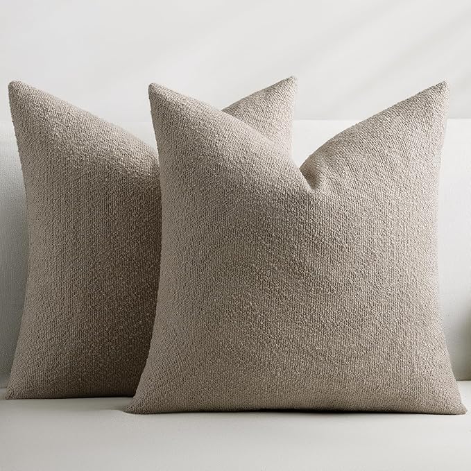 Throw Pillow Covers 20 x 20 Inch Set of 2, Accent Soft Boucle Textured Pillow Cover, Decorative Solid Color Cozy Cushion Pillow Case for Couch Bedroom Sofa Living Room Home Decor, Oatmeal