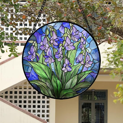 Stained Glass Suncatcher, Blue Purple Flowers Green Leaves Sun Catcher Plants Stain Glass Window Hanging Decoration Mother's Day Birthday Gifts for Women Men Mom and Nana 9.8 in