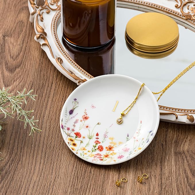 Crisky Initial Jewelry Tray Ring Dish & Gift Box, Ceramic Flower Trinket Dish for Rings Earrings Necklaces Keys, Bridal Shower Engagement Birthday Gift for Women, Friends 4.57" (Gold Foil L