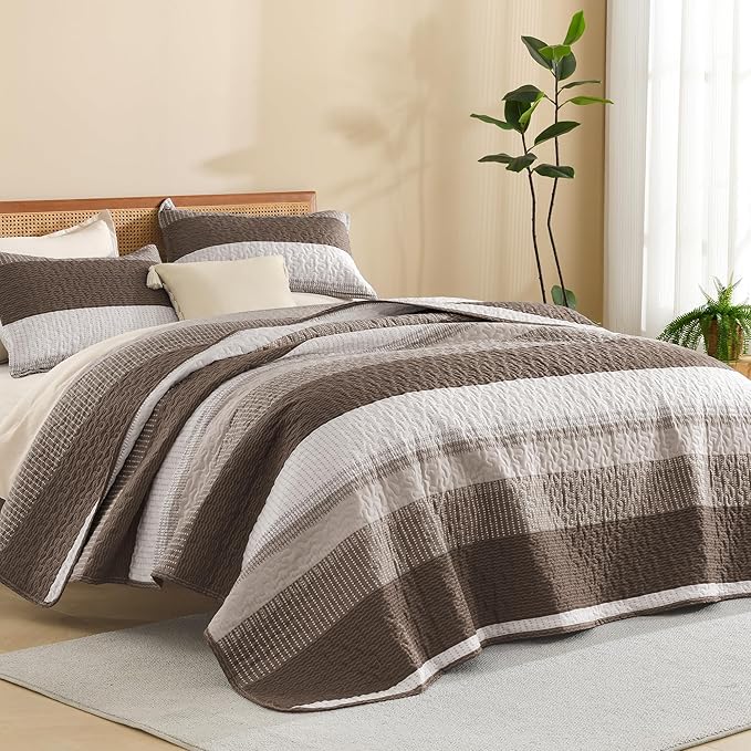 Litanika California King Quilt Set Brown - Cal King Oversized Stripe Comforter Bedspreads & Coverlets - Soft Lightweight Quilted Bedding Set for All Season(1 Quilt, 2 Pillowcases)