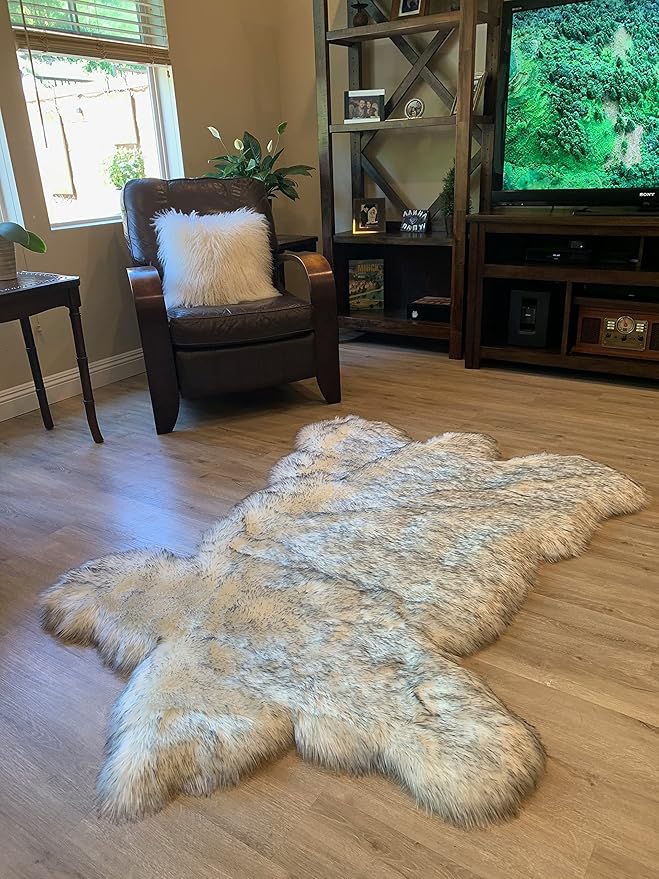 LAMBZY Faux Sheepskin Super Soft Hypoallergenic Silky Shag Bear Rug for Living Room, Kids Room, Sofa (3'x5', White/Black Tips)