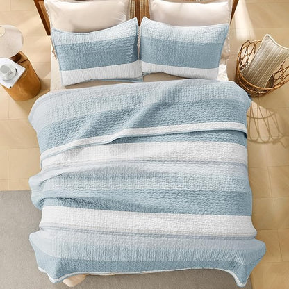 Litanika California King Quilt Set Spa Blue - Cal King Oversized Stripe Comforter Bedspreads & Coverlets - Soft Lightweight Quilted Bedding Set for All Season(1 Quilt, 2 Pillowcases)