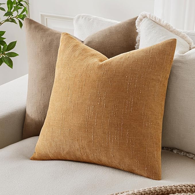 MIULEE Pack of 2 Decorative Throw Pillow Covers Soft Chenille Throw Pillows Solid Textured Cushion Covers Home Decor for Couch Sofa Bedroom Living Room 18x18 Inch,Golden Brown
