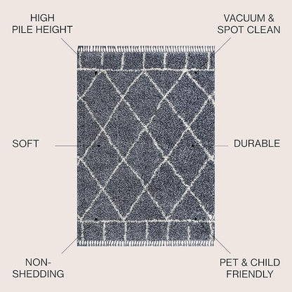 JONATHAN Y Mercer Shag Plush Tassel Blue/Cream Indoor Area Rug, 5x8, Moroccan Geometric Trellis, Easy-Cleaning for Living Room, Bedroom, Kitchen, Pet Friendly, Non-Shedding (MCR101A-5)