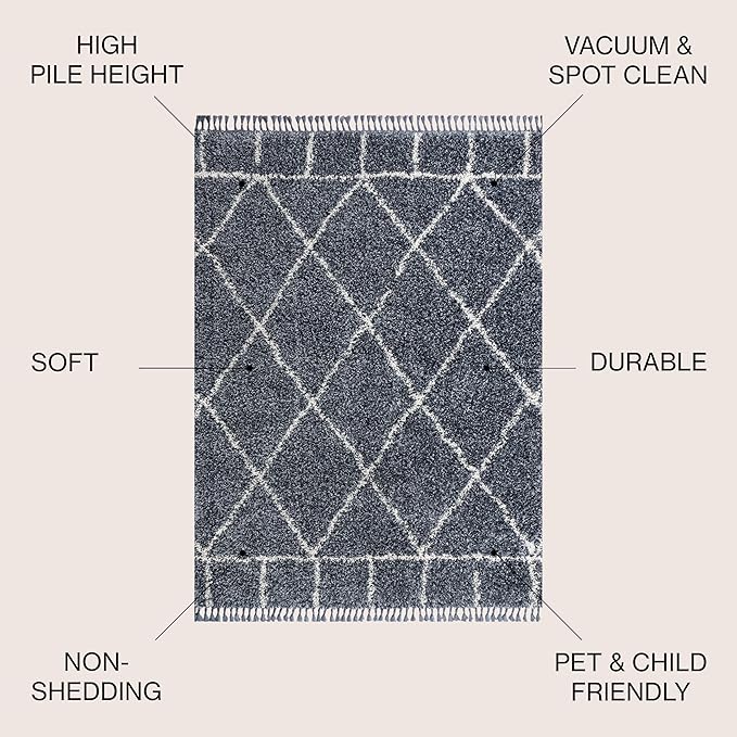 JONATHAN Y Mercer Shag Plush Tassel Blue/Cream Indoor Area Rug, 4x6, Moroccan Geometric Trellis, Easy-Cleaning for Living Room, Bedroom, Kitchen, Pet Friendly, Non-Shedding (MCR101A-4)