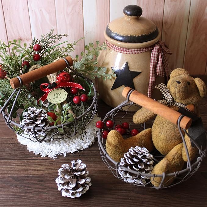 CVHOMEDECO. Chicken Wire Egg Baskets Rust Gathering Baskets with Wooden Handle Country Vintage Style Storage Baskets. Set of 2 (Round)