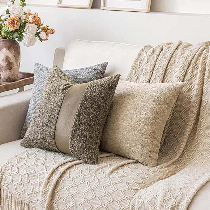 20"x20" Moss Green Boucle Throw Pillow Covers with Faux Leather Accents Set of 2 Fluffy Textured Decorative Pillow Cases for Couch Bed Boho Farmhouse Square Cushion Covers for Nordic Home