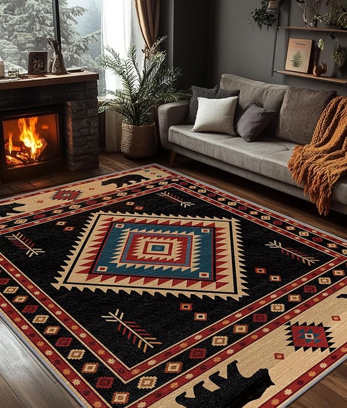 Southwest Rug 6x9 - Native American Bear Cabin Area Rugs for Living Room Bedroom, Rustic Geometric Machine Washable | Non-Slip | Soft Large Carpets, Western Room Decor (Red Tan Black)