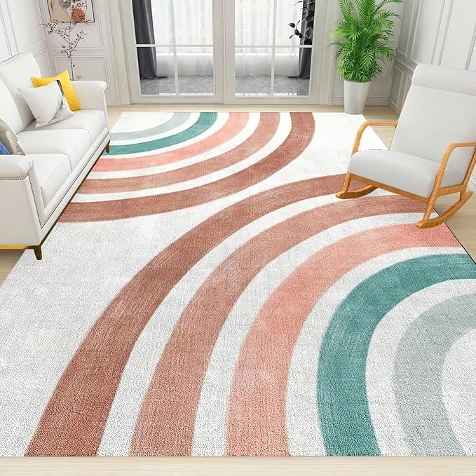 Boho Rainbow Geometric Area Rug, Nordic Rainbow Abstract Non Slip Noise Reduction Kids Rugs, Machine Washable Durable Carpet for Indoor Bedroom Living Room Office Decor Rug - 5 ft x 6 ft
