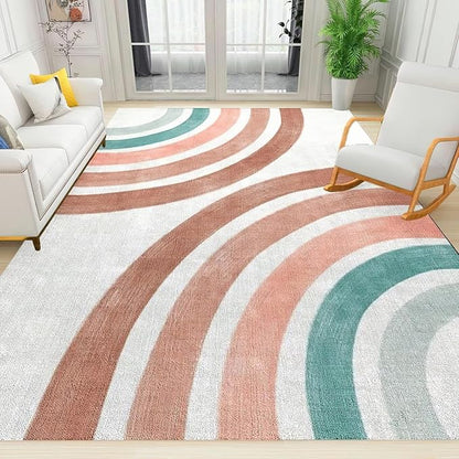 Boho Rainbow Geometric Area Rug, Nordic Rainbow Abstract Non Slip Noise Reduction Kids Rugs, Machine Washable Durable Carpet for Indoor Bedroom Living Room Office Decor Rug - 5 ft x 8 ft