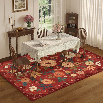 DUKINO 5x7 Area Rug, Floral Rugs for Living Room, Lightweight Non Slip Washable Rug, Indoor Low Pile & Non-Shedding Boho Design Rugs for Bedroom, Living Room, Dining Room, Red