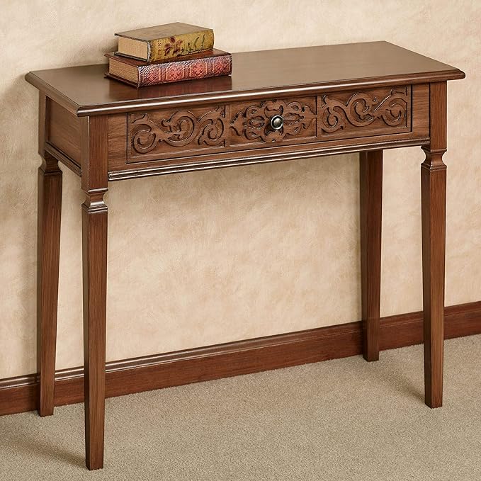 Touch of Class Cacia Carved Console Table Regal Walnut | Elegant Wooden Accent Furniture for Entryway, Foyer, Hallway, Living Room | Traditional Style Wood Tables with Decorative Display Space