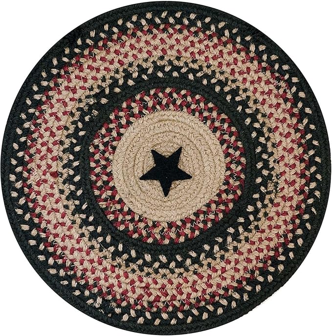 Homespice Primitive Star Gloucester Round Braided Placemats, Warm Primitive Decor, Set of 2, 15" Black and Red Jute Table Mats - Vibrant Colors, Durable, Easy to Clean and Protects Furniture