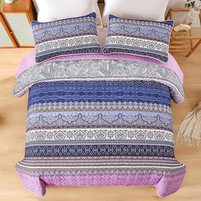 WONGS BEDDING Boho King Quilt Set, Purple Bohemian Quilt Bedding Set, Lightweight Bed Decor Bedspread for All Season Reversible Microfiber Coverlet Bedding Set 110"x90"(3 Pieces)
