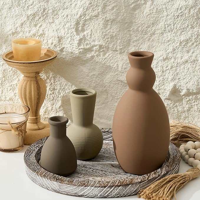 Ceramic Vase Set of 3, Nordic Minimalist Multicolor Vases Home Decor, Rustic Farmhouse Decor Pottery Vases for Bouquet Pampas Grass Dried Fresh Flowers, Living Room, Entryway Mantel, Bedroom, Kitchen