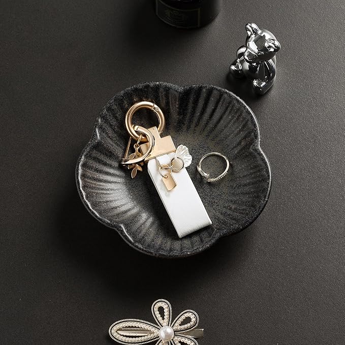 Flower Shape Ring Tray Jewelry Dish Key Bowl Ceramic Trinket Tray Decorative Jewelry Dish for Rings Necklace Earring Key Watch Home Decoration for Friend Sister Mom (Black)