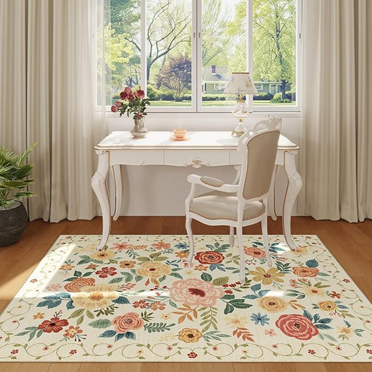 DUKINO 4x6 Area Rug, Lightweight Non Slip Washable Floral Rug, Indoor Low Pile & Non-Shedding Boho Design Rugs for Bedroom, Living Room, Dining Room, Beige Yellow