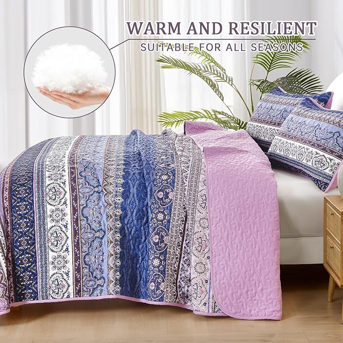 WONGS BEDDING Boho King Quilt Set, Purple Bohemian Quilt Bedding Set, Lightweight Bed Decor Bedspread for All Season Reversible Microfiber Coverlet Bedding Set 110"x90"(3 Pieces)