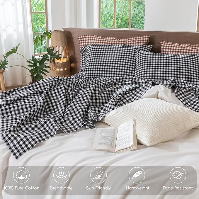MooMee Gingham Sheet Set 100% Washed Cotton Linen Like Textured Breathable Soft w/ Fully Elasticized 16-19" Deep Pocket (Classic Gingham Black White, King)