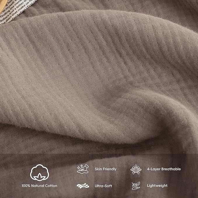 FOSSA Muslin Blanket with Fringe - 4-Layer 100% Cotton Gauze Super Soft & Breathable Throw -Lightweight Decorative Cooling Blanket for Bed, Sofa, Office (Pale Brown, Twin XL (66" × 90"))