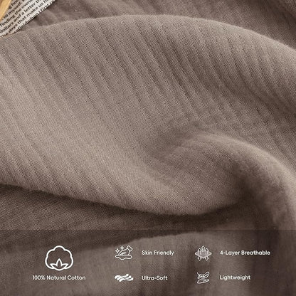 FOSSA Muslin Blanket with Fringe - 4-Layer 100% Cotton Gauze Super Soft & Breathable Throw -Lightweight Decorative Cooling Blanket for Bed, Sofa, Office (Pale Brown, Queen (90" × 90"))