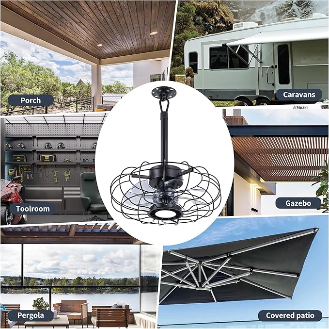 15" Outdoor Ceiling Fan with Light, with Remote and App Remote, IP65 Waterproof Gazebo Hanging Fan, 3CCT Dimmable, Portable Plug in Ceiling Fan with Cord Hook for Patio Porch Pergola Indoor(Black)