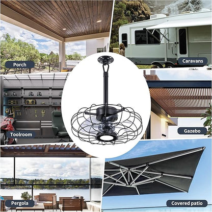 15" Outdoor Ceiling Fan with Light, with Remote and App Remote, IP65 Waterproof Gazebo Hanging Fan, 3CCT Dimmable, Portable Plug in Ceiling Fan with Cord Hook for Patio Porch Pergola Indoor(Black)